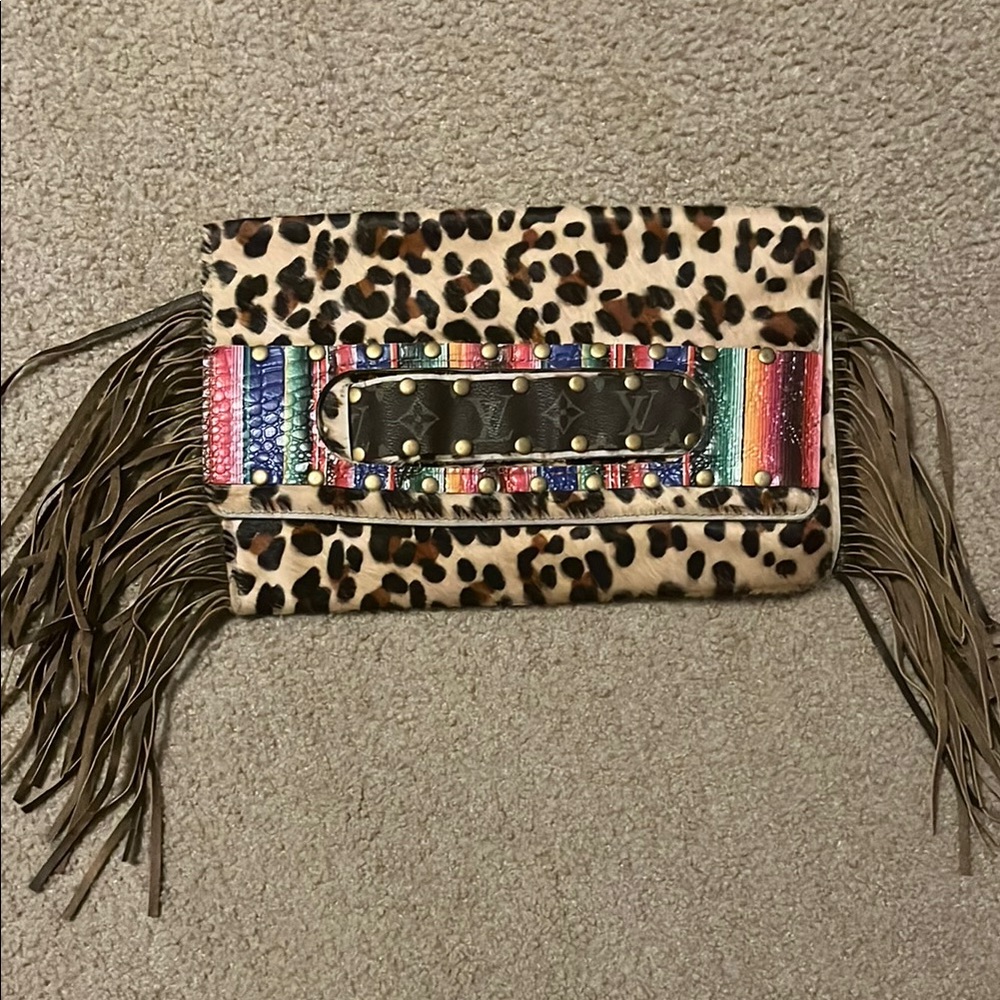 Leopard Print Fringe Clutch with Multicolor Accent